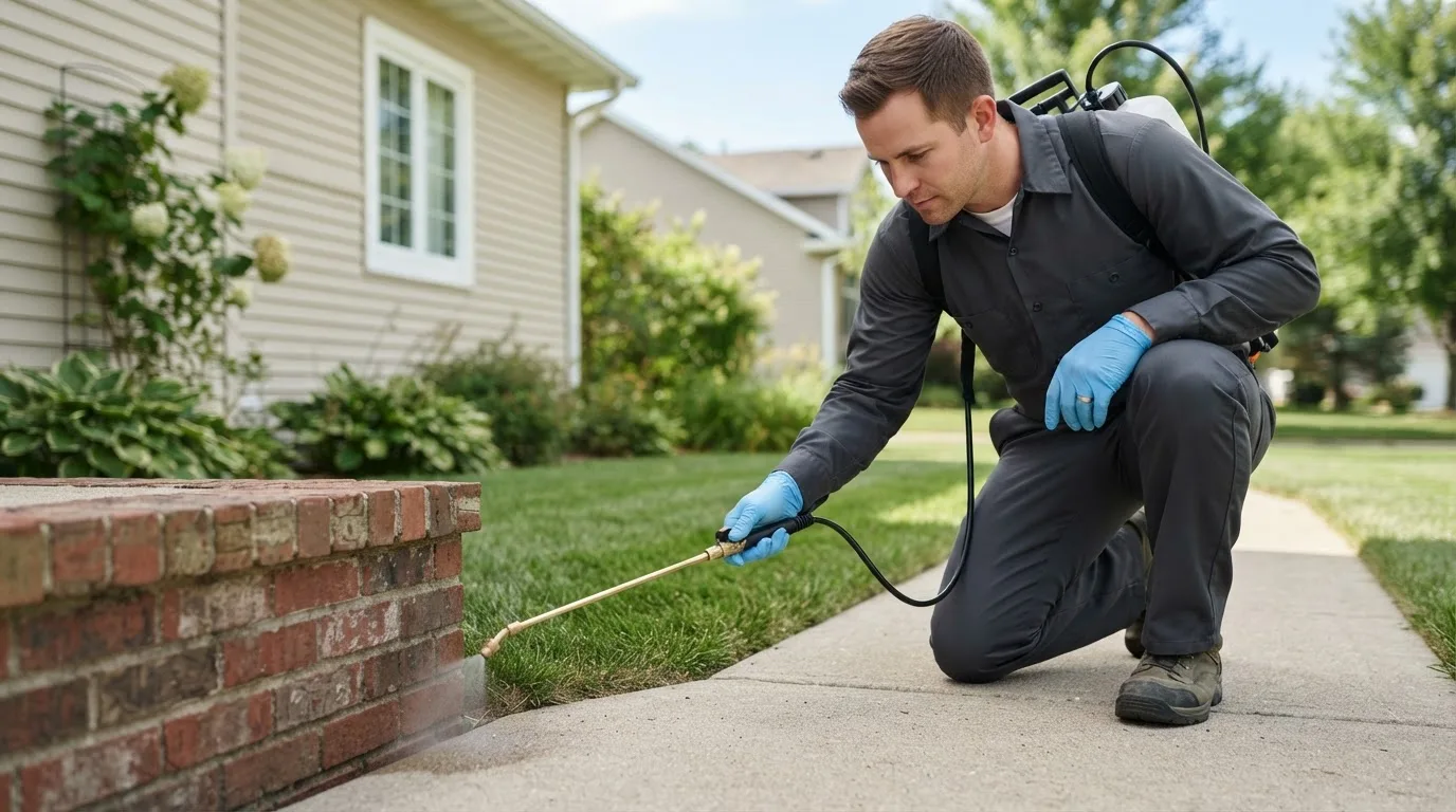 Pest control technician treating a home near Ridgeway, WI